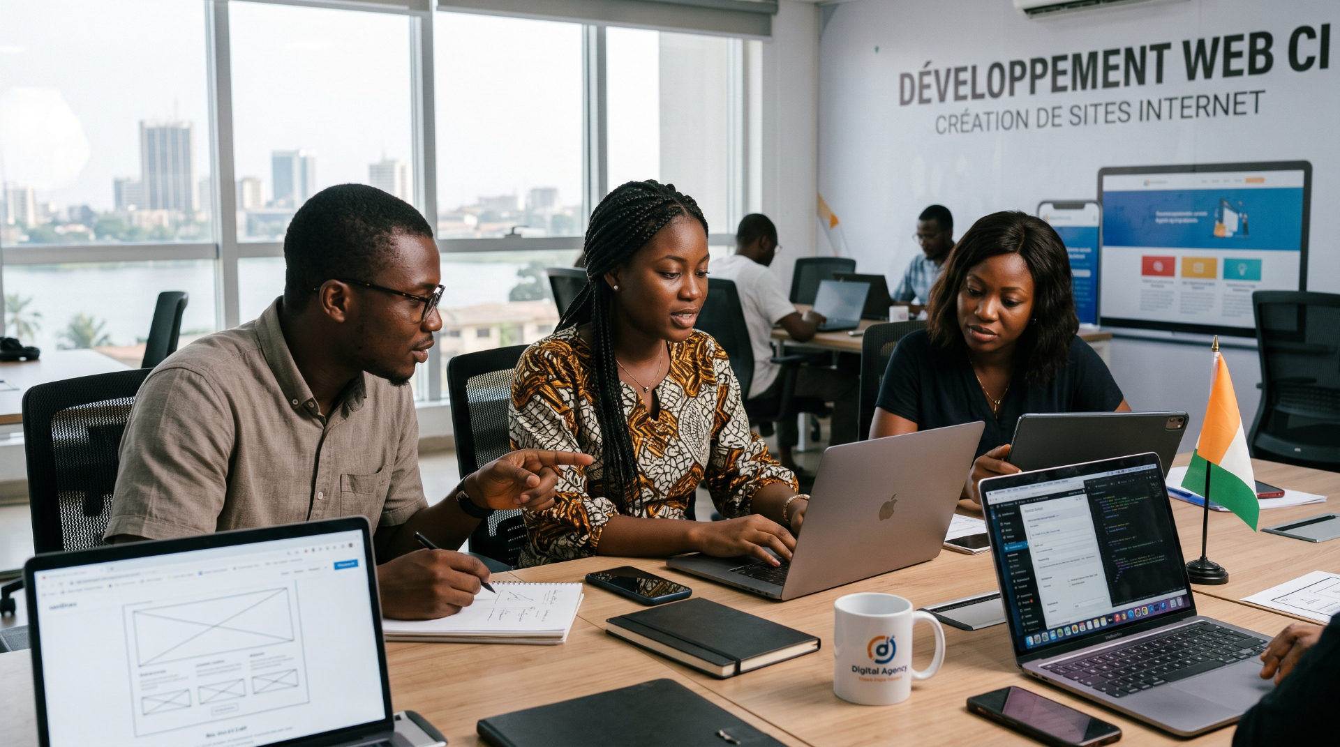 Équipe d'AM SERVICE concevant un site web professionnel dans son bureau à Abidjan