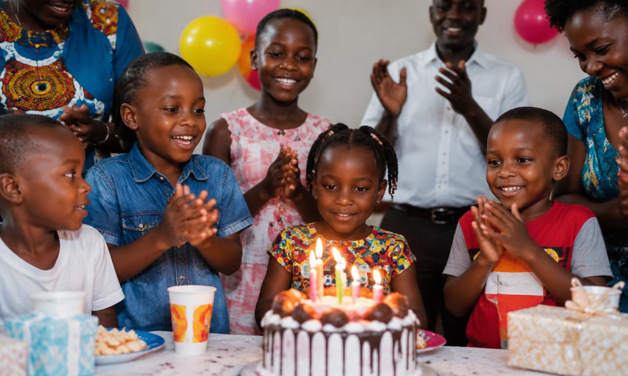 Fête d'anniversaire avec gâteau et décoration dorée en Côte d'Ivoire