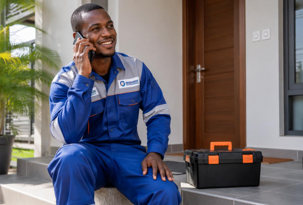 Technicien ivoirien joignable par téléphone chez un client à Abidjan
