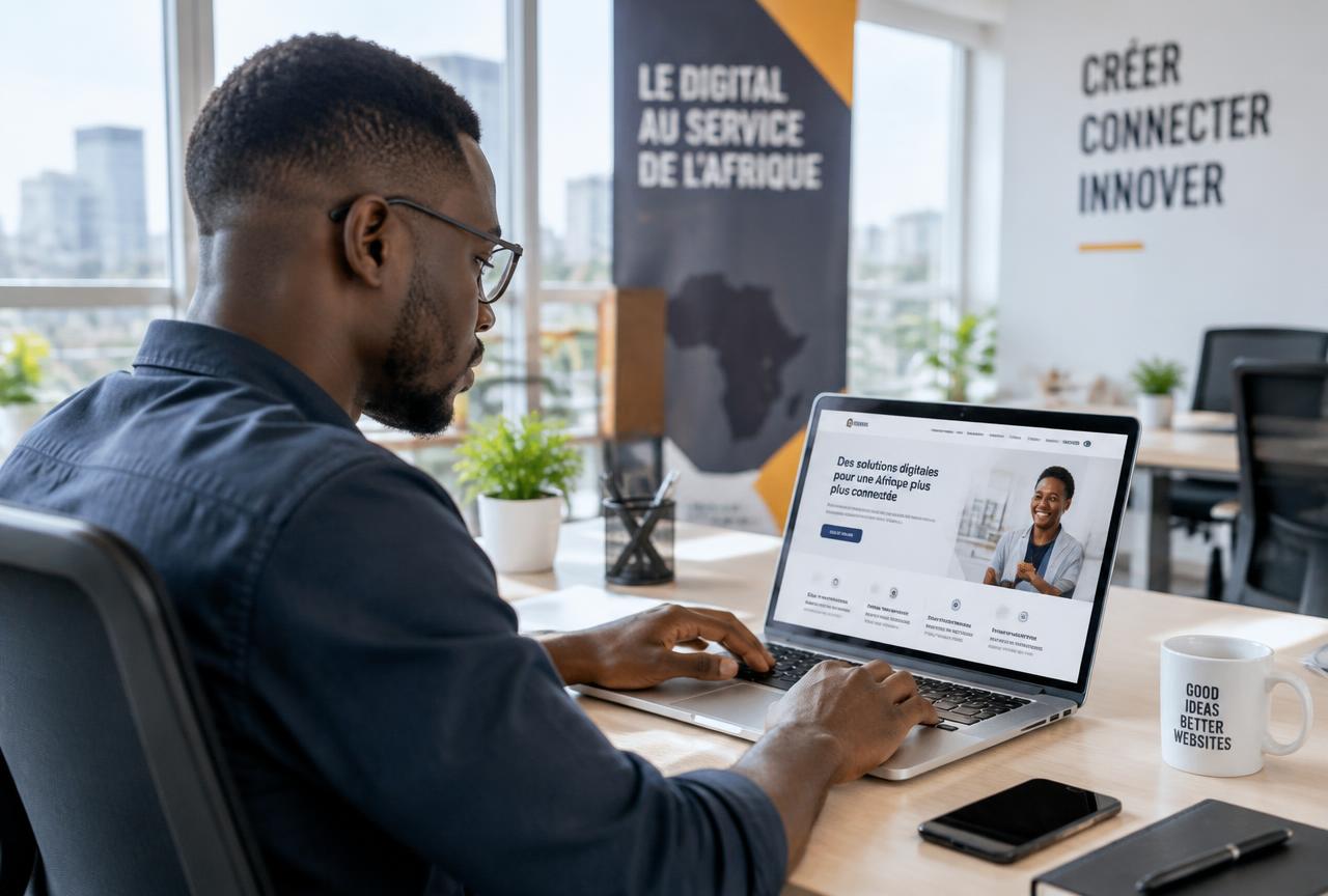 Développeur web au travail sur un site internet dans un bureau à Abidjan